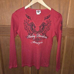 Harley Davidson Women's Long Sleeve Shirt Embellished Black Hills HD Size M Red